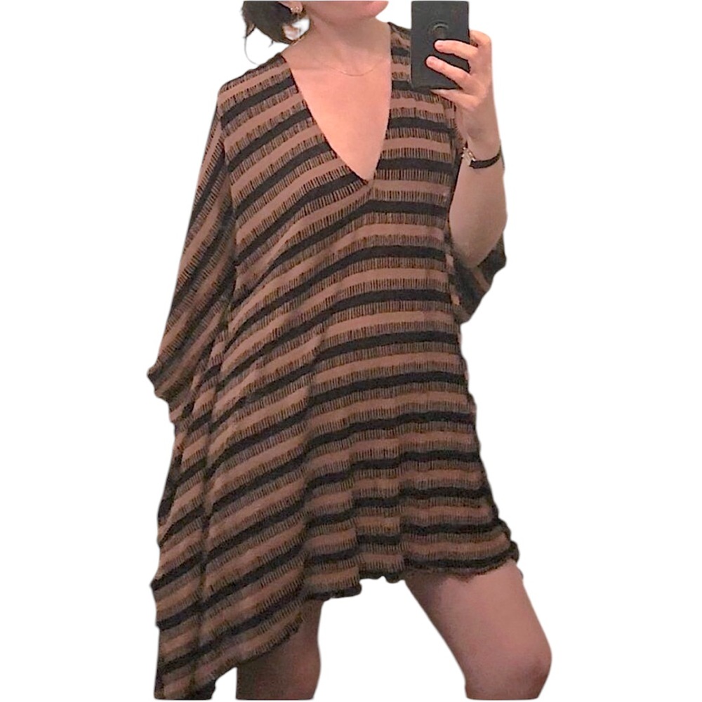 VINTAGE Y2K MABEL Brown & Black Striped Knit Tunic Kaftan Mini Dress w/ Tie Belt